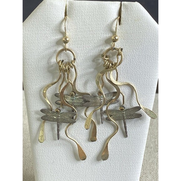 Vintage Tricolor Mobile METAL DRAGONFLY Artsy DANGLE  Swirling EARRINGS - Picture 1 of 6